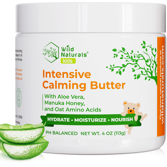 Wild Naturals Kids Intensive Calming Butter Eczema Cream jar with aloe vera a white background