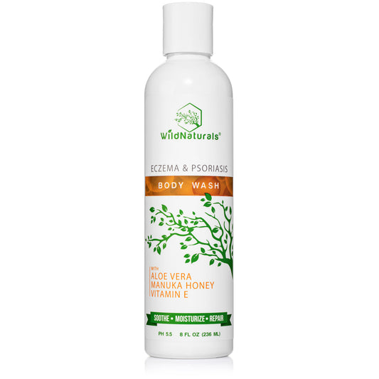 Wild Naturals Eczema & Psoriasis Body Wash in 8 ounce bottle on white background