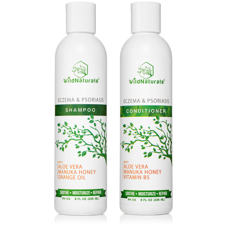 bottles of Wild Naturals Eczema Psoriasis shampoo and conditioner, 8 ounce size, on white background