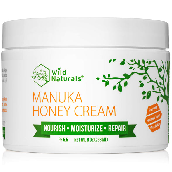 jar of Wild Naturals Manuka Honey Cream, 8 ounce size, on white background