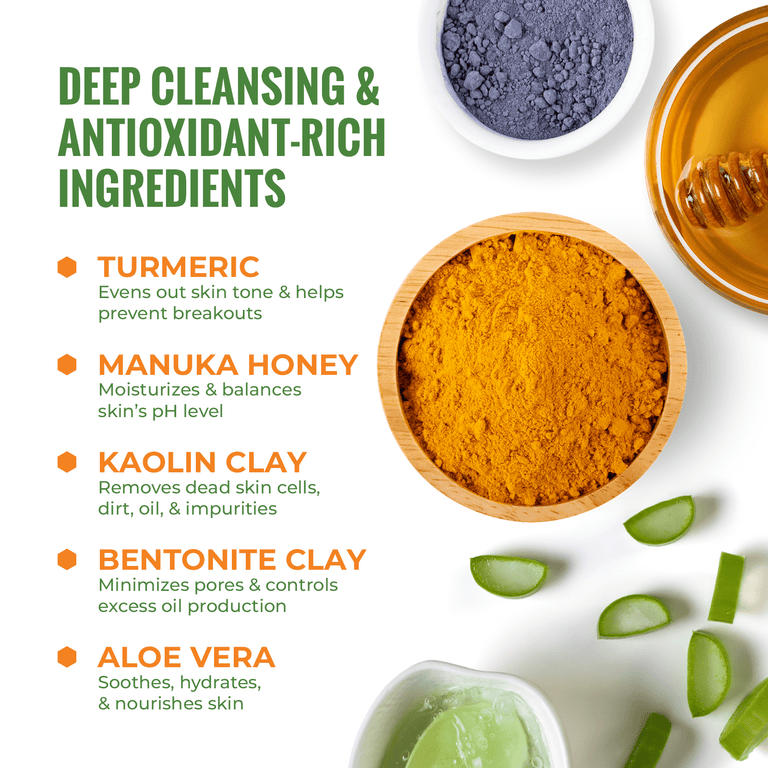 Wild Naturals Turmeric Face Mask in a 2oz jar with fresh turmeric root and powder. A hydrating, pH balanced yellow clay mask designed to nourish and replenish skin for a natural glow.