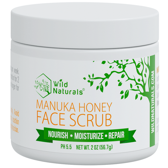 Wild Naturals Manuka Honey Face Scrub in a 2oz jar. A pH 5.5 balanced exfoliating face scrub and pore cleanser designed to nourish, moisturize, and repair dry or sensitive skin.