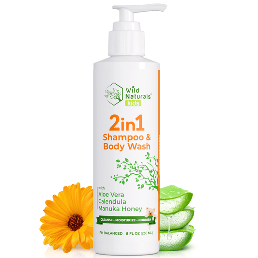 Wild naturals kids shampoo bottle with flower and aloe vera