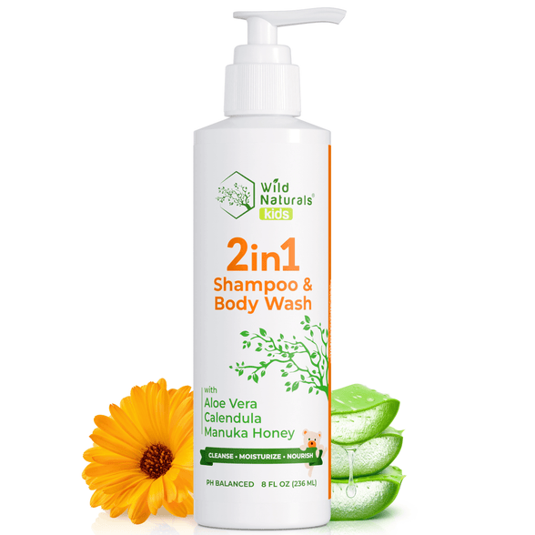 Wild Naturals Kids 2in1 Shampoo & Body Wash 8 oz pump bottle – gentle, pH-balanced cleanser with aloe vera, calendula, and Manuka honey for sensitive baby and child skin.