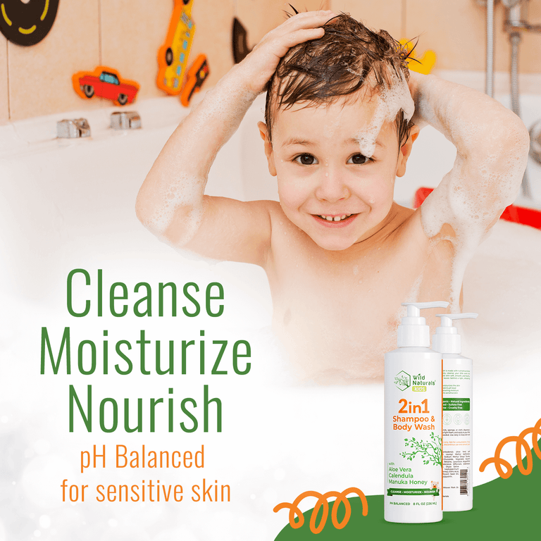 Wild naturals kids shampoo bottle with flower and aloe vera