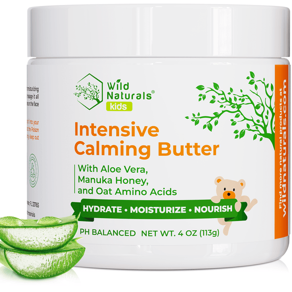 Wild Naturals Kids Intensive Calming Butter 4 oz jar – gentle, pH-balanced moisturizer with aloe vera, Manuka honey, and oat amino acids for soothing dry, itchy baby skin.