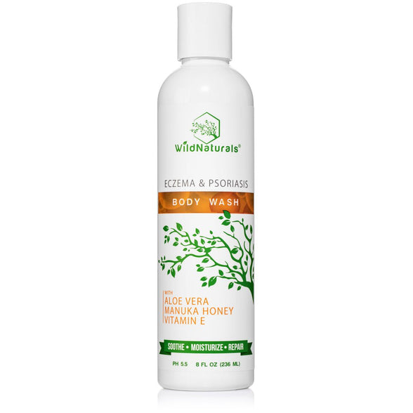 Wild Naturals Eczema & Psoriasis Body Wash 8 oz bottle – gentle, pH-balanced cleanser with aloe vera, Manuka honey, and vitamin E for soothing dry, itchy skin.