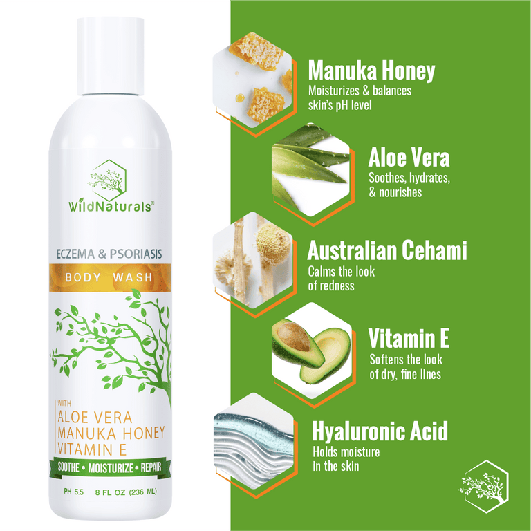 Wild Naturals Eczema & Psoriasis Body Wash 8 oz bottle – gentle, pH-balanced cleanser with aloe vera, Manuka honey, and vitamin E for soothing dry, itchy skin.