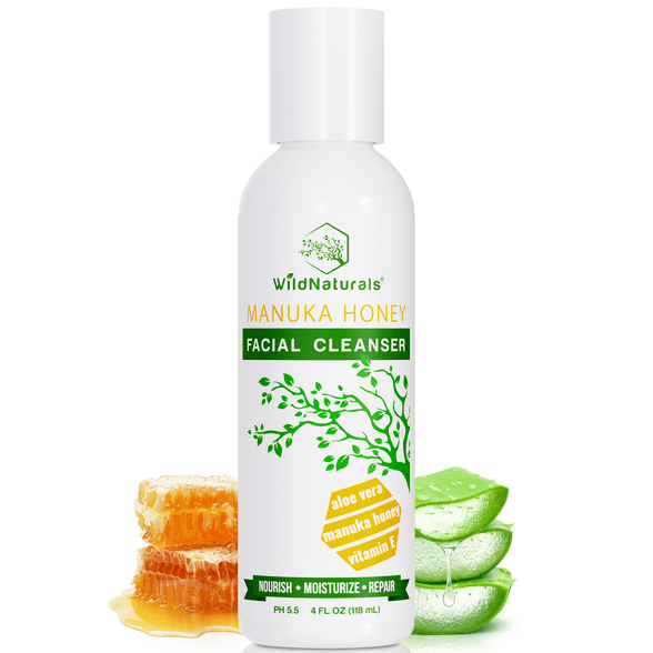 Wild Naturals Manuka Honey Facial Cleanser with aloe vera and vitamin E for moisturizing and repairing dry, sensitive skin.