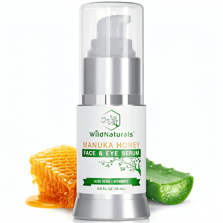 Wild Naturals Manuka Honey Face & Eye Serum pump bottle with fresh Manuka honey and aloe vera – nourish & repair skin naturally with Vitamin C for instant brightening, tightening, and reducing wrinkles & dark circles.