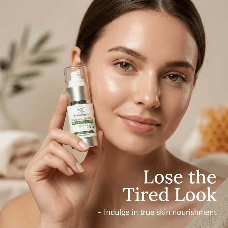 Wild Naturals Manuka Honey Face & Eye Serum pump bottle with fresh Manuka honey and aloe vera – nourish & repair skin naturally with Vitamin C for instant brightening, tightening, and reducing wrinkles & dark circles.