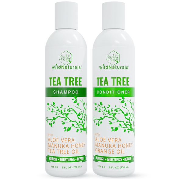Wild Naturals Tea Tree Shampoo and Conditioner Set – natural tea tree oil formula with aloe vera and Manuka honey for itchy dry scalp relief, dandruff control, nourishing moisturizing repair, pH 5.5.