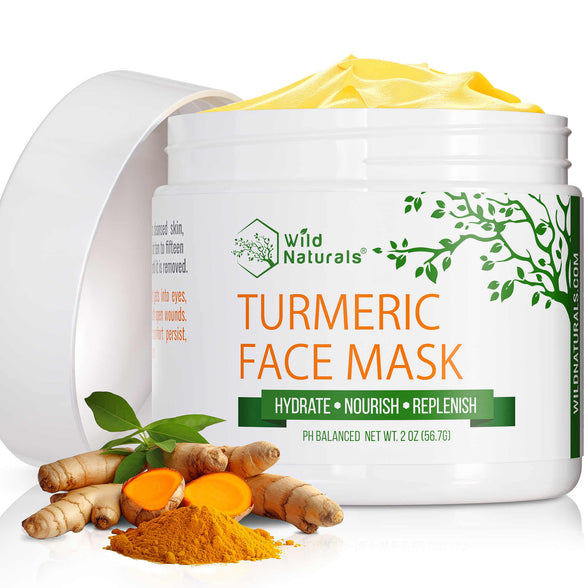 Wild Naturals Turmeric Face Mask in a 2oz jar with fresh turmeric root and powder. A hydrating, pH balanced yellow clay mask designed to nourish and replenish skin for a natural glow.