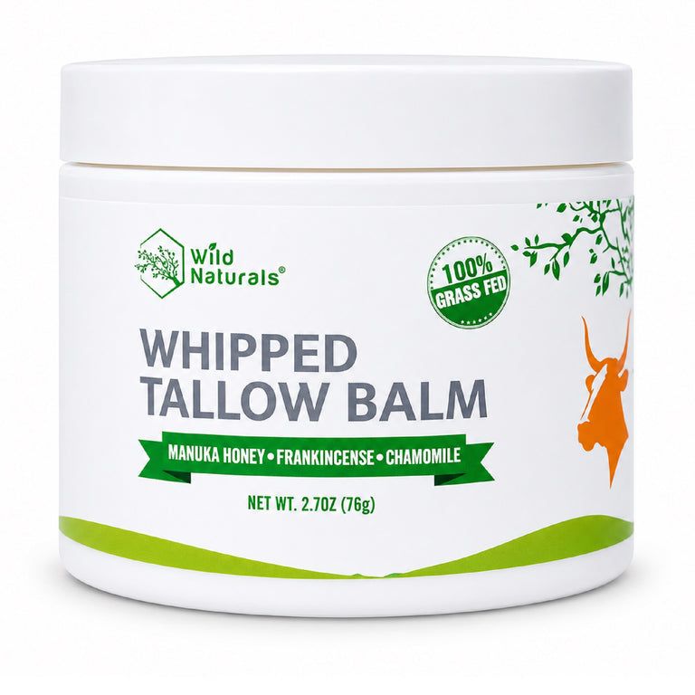 Wild Naturals Whipped Tallow Balm with Manuka Honey. Grass-fed beef tallow face and body moisturizer for dry skin and eczema relief.