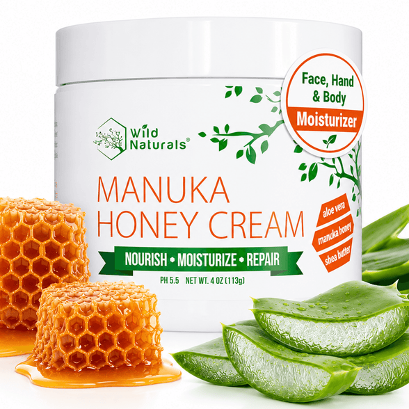 Wild Naturals Manuka Honey Cream 4 oz jar on a clean white background, front label facing forward.