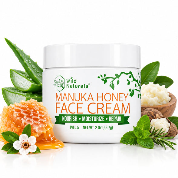 Wild Naturals Manuka Honey Face Cream 2 oz jar with aloe vera, honeycomb, shea butter and fresh botanicals on white