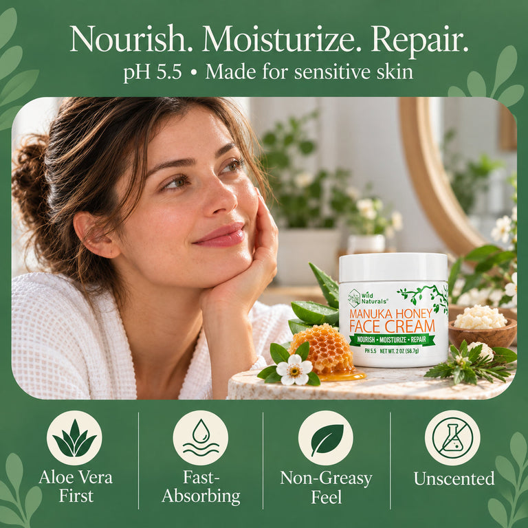 Wild Naturals Manuka Honey Face Cream 2 oz jar with aloe vera, honeycomb, shea butter and fresh botanicals on white
