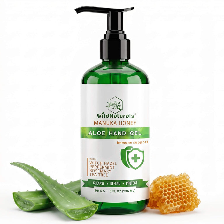 Wild Naturals Manuka Honey Aloe Hand Gel 8oz bottle with fresh aloe vera leaves and natural honeycomb – pH 5.5 immune support formula