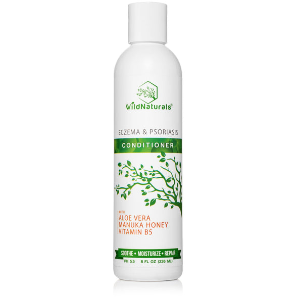 Wild Naturals Eczema and Psoriasis Conditioner for dry, itchy scalp relief. 8oz natural hair conditioner with Manuka honey, organic aloe vera, and Vitamin B5 to soothe and repair sensitive skin.