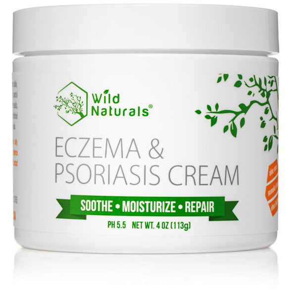 Wild Naturals Eczema & Psoriasis Cream 4 oz jar – natural soothing moisturizer with Manuka honey for dry, itchy, red skin relief.