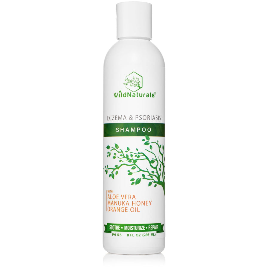 Wild Naturals Eczema & Psoriasis Shampoo 8 oz bottle – gentle natural cleanser with aloe vera, Manuka honey, and orange oil for soothing dry, itchy scalp.