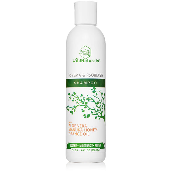 Wild Naturals Eczema & Psoriasis Shampoo 8 oz bottle – gentle natural cleanser with aloe vera, Manuka honey, and orange oil for soothing dry, itchy scalp.
