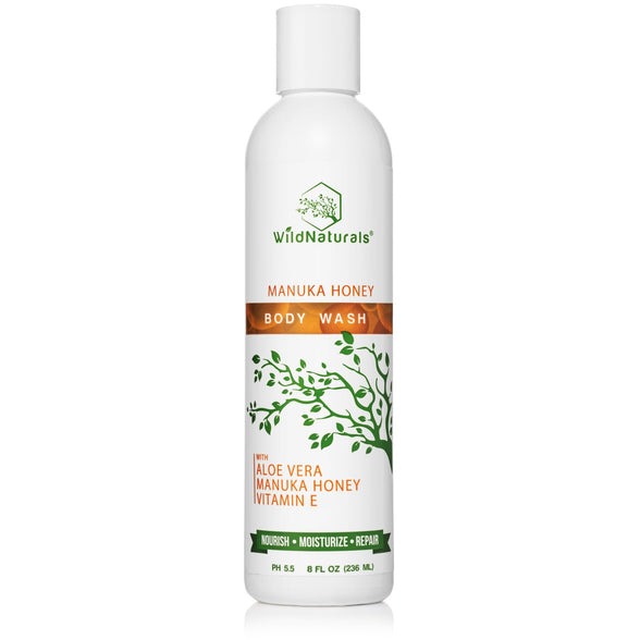 Wild Naturals Manuka Honey Body Wash bottle with Aloe Vera and Vitamin E for natural, pH balanced skin repair.