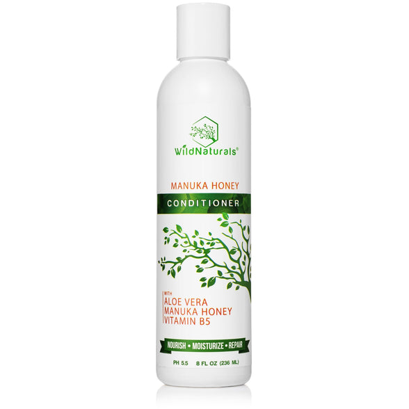 Wild Naturals Manuka Honey Conditioner 8oz bottle, pH 5.5 balanced natural hair care with Aloe Vera and Vitamin B5 for nourishing and repairing dry hair.