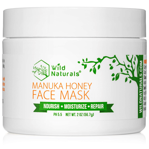 Wild Naturals Manuka Honey Face Mask jar – natural nourishing moisturizing repair mask with Manuka honey, aloe vera, clays for deep pore cleansing, blackhead removal, hydration, sensitive skin, pH 5.5 2 oz.