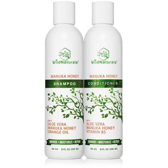 Wild Naturals Manuka Honey Shampoo and Conditioner Set for dry, itchy scalp relief. Natural 8oz hair care duo with organic aloe vera, orange oil, and Vitamin B5 to nourish and repair.